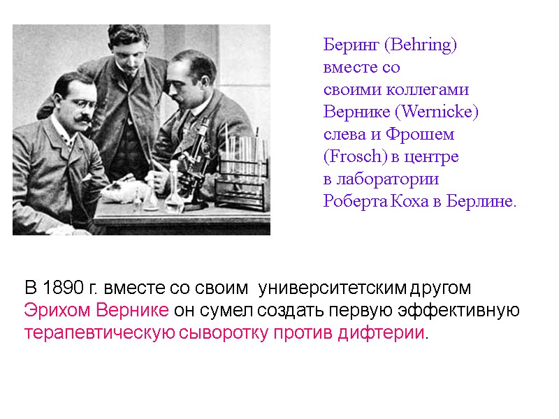 Беринг (Behring)  вместе со  своими коллегами  Вернике (Wernicke)  слева и